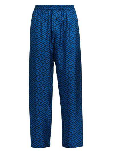 Shop Versace Men's Silk Monogram Pajama Pants In Sapphire Black