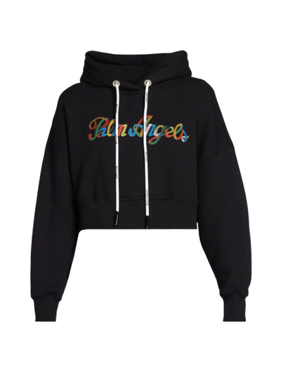 Shop Palm Angels Rainbow Logo Cropped Hoodie In Black Multicolor