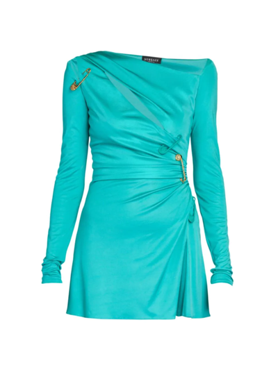Shop Versace Safety Pin-embellished Minidress In Turquoise