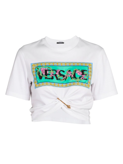 Shop Versace Women's Safety Pin-embellished Logo T-shirt In White Multicolor