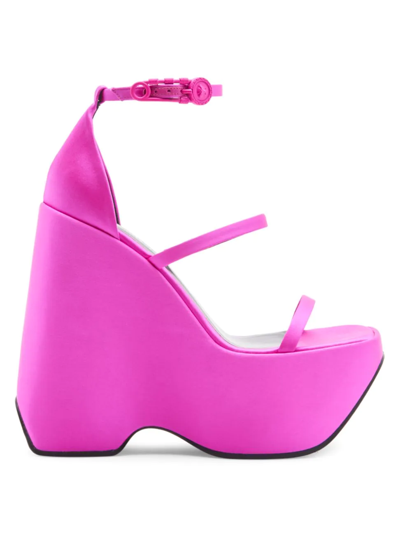 Shop Versace Women's 3 Strap Satin Platform Wedge Sandals In Cerise