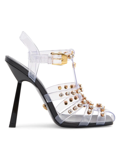 Shop Versace Women's Embellished Caged Jelly Slanted-heel Sandals In Transparent