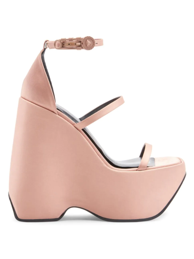 Shop Versace Women's 3 Strap Satin Platform Wedge Sandals In Mauvelous