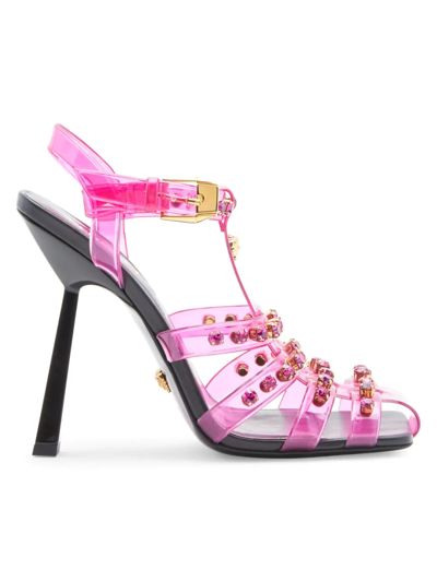 Shop Versace Embellished Caged Jelly Slanted-heel Sandals In Cerise