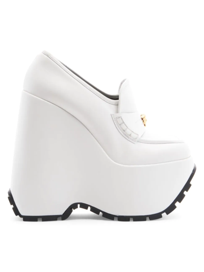 Shop Versace Women's Leather Platform Wedge Loafers In Optical White