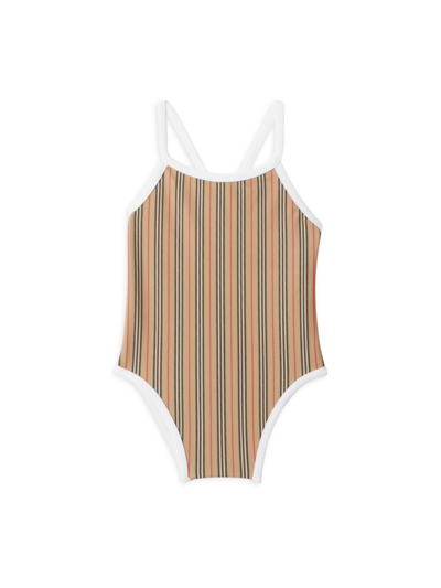 Shop Burberry Baby Girl's Sandie Striped One-piece Swimsuit In Archive Beige