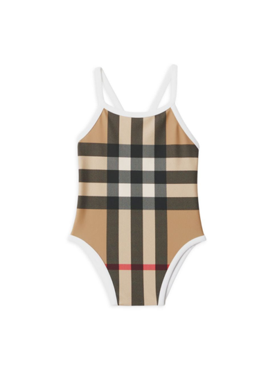 Shop Burberry Baby Girl's Mini Sandie Check One-piece Swimsuit In Archive Beige