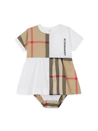 Shop Burberry Baby Girl's Elena Check Dress & Bloomers Set In White