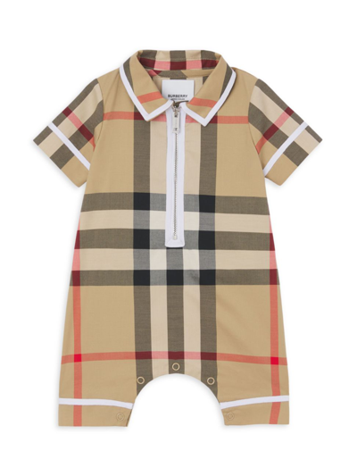 Shop Burberry Baby's Collared Check Playsuit In Archive Beige