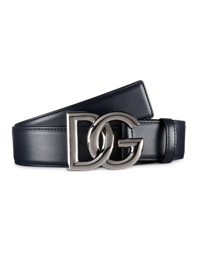 Shop Dolce & Gabbana Men's Crossed Logo Buckle Leather Belt In Blue