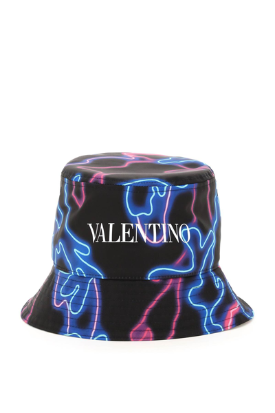 Shop Valentino Neon Camou Bucket Hat In Black,blue,fuchsia