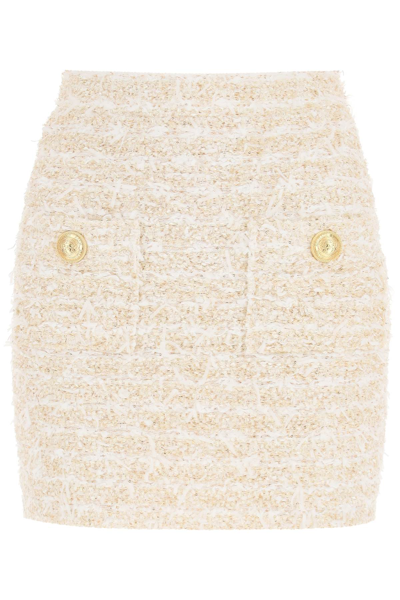 Shop Balmain Tweed Mini Skirt With Lurex In White,gold