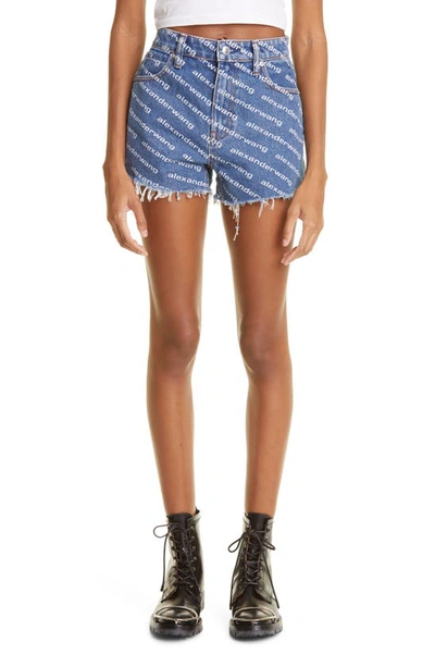 Shop Alexander Wang Bite Logo High Waist Cutoff Denim Shorts In Deep Blue/ White