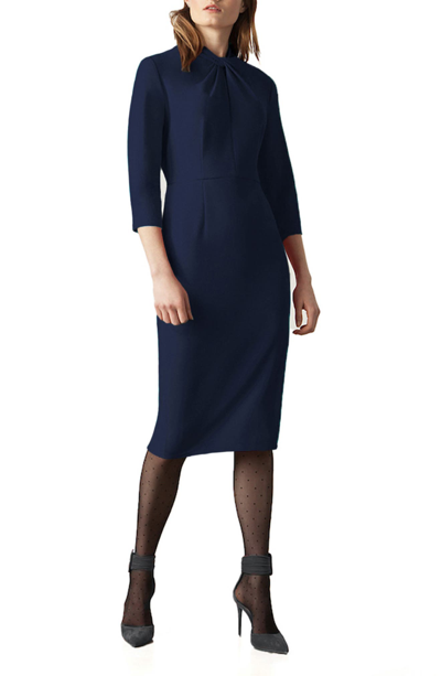 Shop Donna Morgan Crepe Three-quarter Sleeve Sheath Dress In Twilight Navy