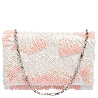 Pre-owned Oscar De La Renta White Satin Beaded Clutch