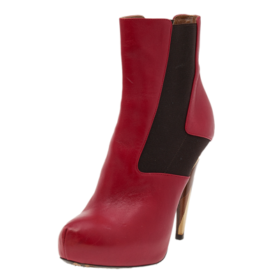 Pre-owned Fendi Red/brown Leather And Stretch Fabric Platform Ankle Boots Size 37.5
