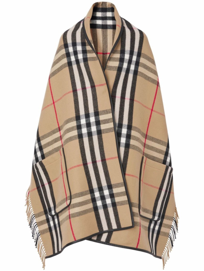 Shop Burberry Check Fringed Cape In Brown