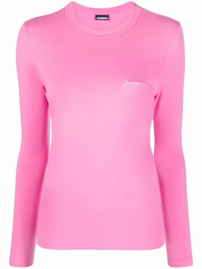 Shop Jacquemus Logo Embroidered Long Sleeved T-shirt In Pink