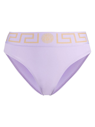 Shop Versace Greca Iconic Lycra Bikini Bottom In Purple