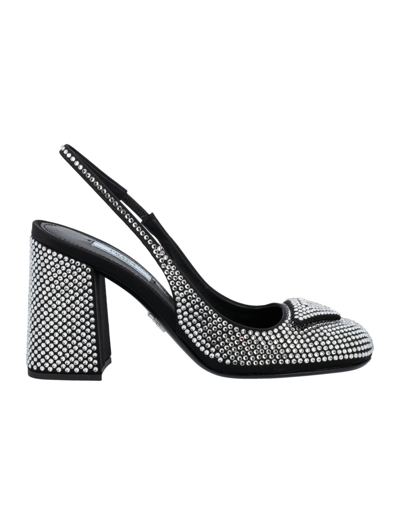 Shop Prada Satin Crystal Slingback Pumps In Black