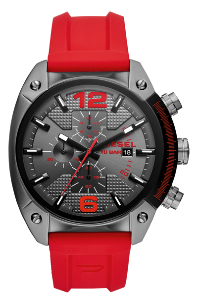 Shop Diesel Overflow Chronograph Silicone Strap Watch, 49mm X 55mm In Grey/ Red