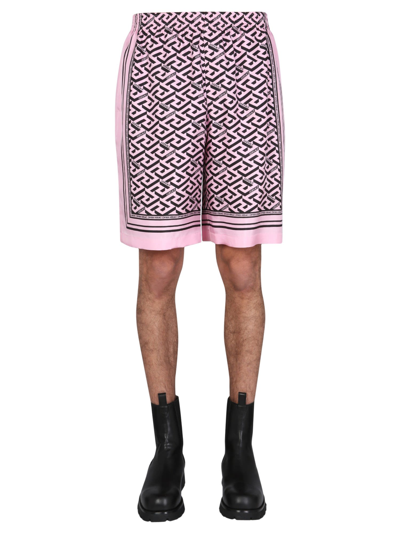 Shop Versace Shorts With The Greek Print In Rosa