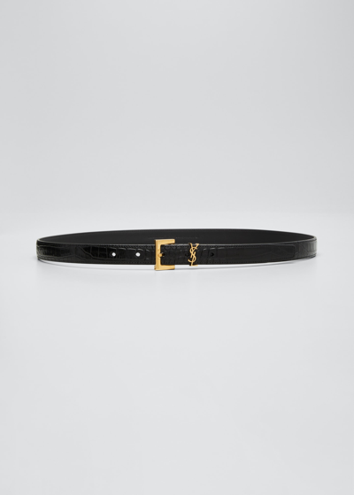 Shop Saint Laurent Ysl Croc-embossed Skinny Belt In 1000 Noir/bronze