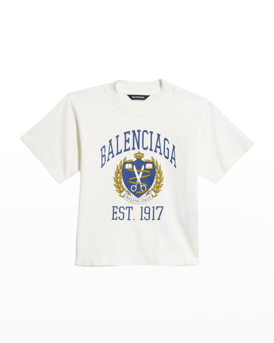 Shop Balenciaga Kid's University Logo Crest T-shirt In Off Whiteblue