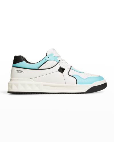 Shop Valentino Men's Roman Stud Bicolor Mid-top Sneakers In White/blue