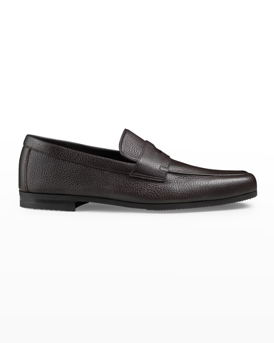 Shop John Lobb Men's Thorne Soft Textured Leather Penny Loafers In Dark Brown