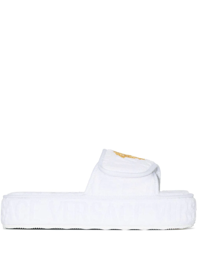 Shop Versace Medusa Head Platform Slippers In White
