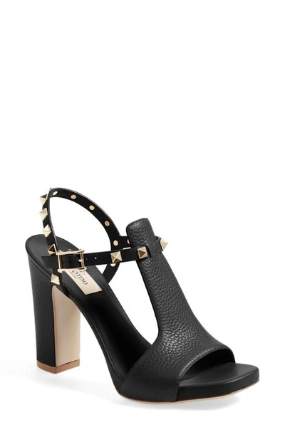 Shop Valentino 'rockstud Cutout' T-strap Sandal In Black Leather