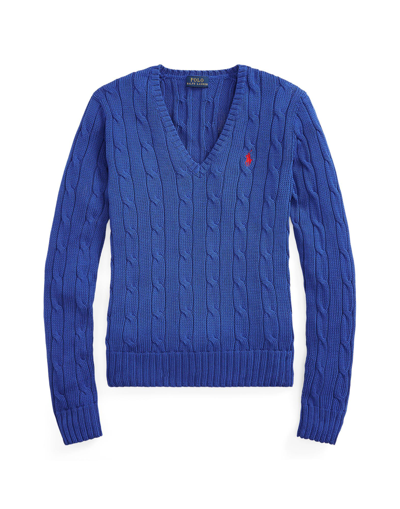 Shop Polo Ralph Lauren Cable-knit Cotton V-neck Sweater Woman Sweater Bright Blue Size L Cotton