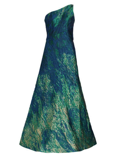 Shop Rene Ruiz Collection Women's Brocade One-shoulder A-line Gown In Blue Green