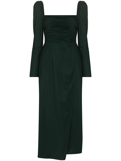 Shop Reformation Isaac Ruched Asymmetric Midi Dress In Green