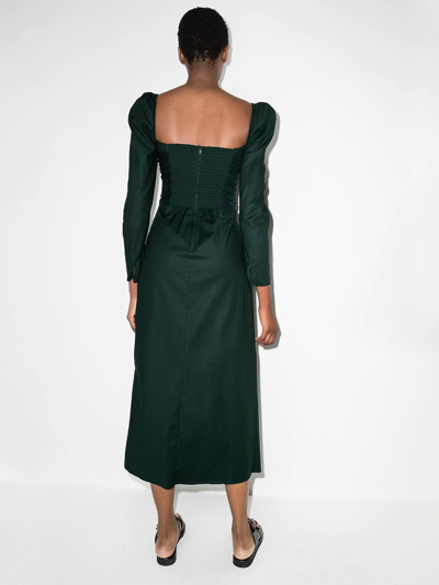 Shop Reformation Isaac Ruched Asymmetric Midi Dress In Green