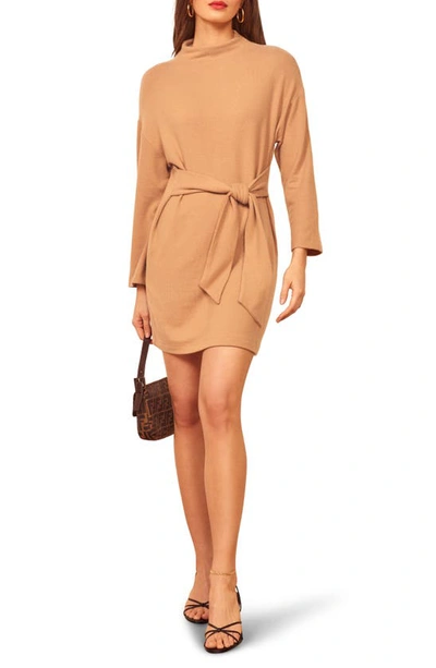 Shop Reformation Meagan Mock Neck Long Sleeve Minidress In Buff