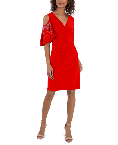 Shop Msk Embellished-sleeve Cold-shoulder Sheath Dress In Red
