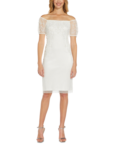 Shop Adrianna Papell Off-the-shoulder Beaded Sheath Dress In Ivory