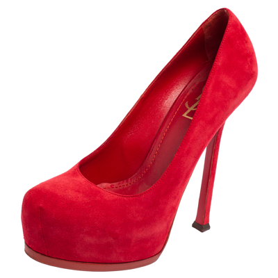 Pre-owned Saint Laurent Red Suede Tribtoo Platform Pumps Size 37.5