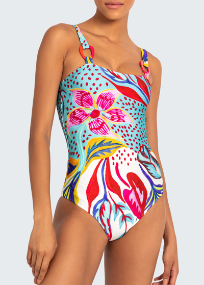 Shop Patbo Flora Square-neck One-piece Swimsuit In White