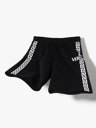 Shop Versace Teen Greca-logo Cotton Track Shorts In Black