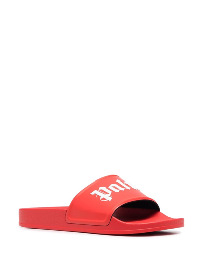Palm Angels Red And White Logo Print Rubber Slides In Red