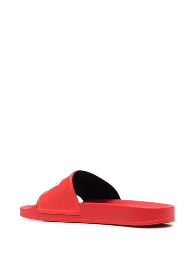 Palm Angels Red And White Logo Print Rubber Slides In Red
