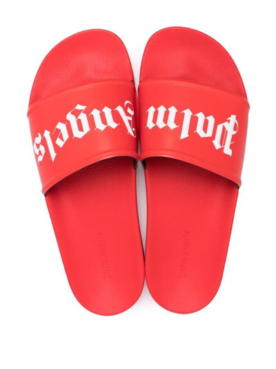 Palm Angels Red And White Logo Print Rubber Slides In Red