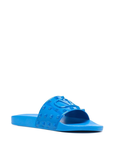 Shop Valentino Vlogo Studded Pool Slides In Blue