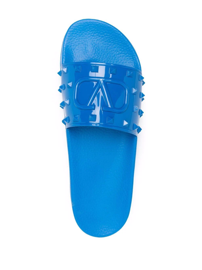 Shop Valentino Vlogo Studded Pool Slides In Blue