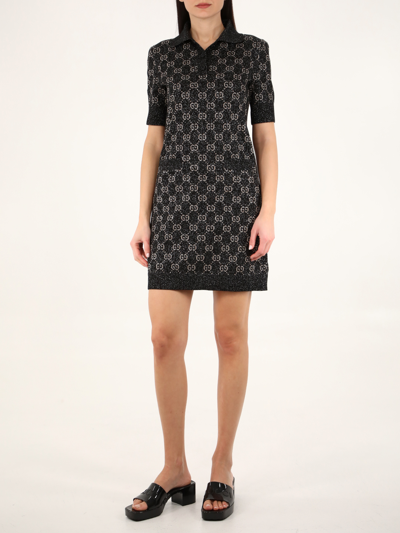 Shop Gucci Lamé Gg Jacquard Polo Dress In Black