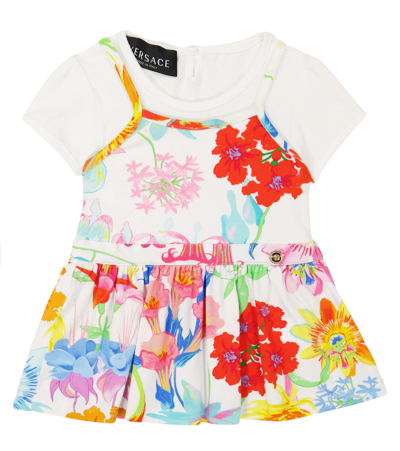 Shop Versace Baby Jardin Printed Cotton-blend Dress In Bianco+multicolor