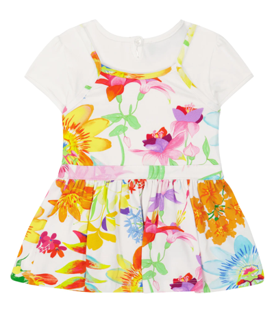 Shop Versace Baby Jardin Printed Cotton-blend Dress In Bianco+multicolor